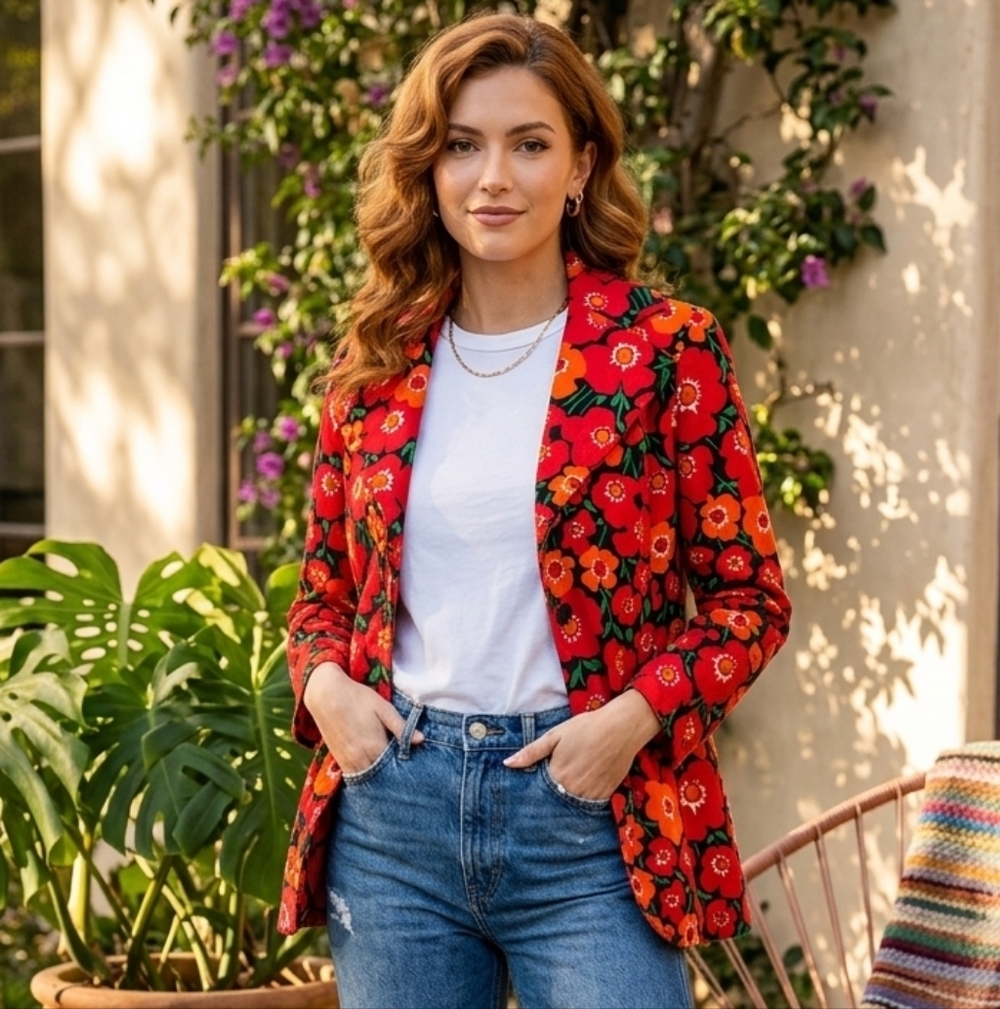 Vintage MS.Today Trissi Inc Floral Velvet Retro Disco Womrns‎ Blazer Colorful SM